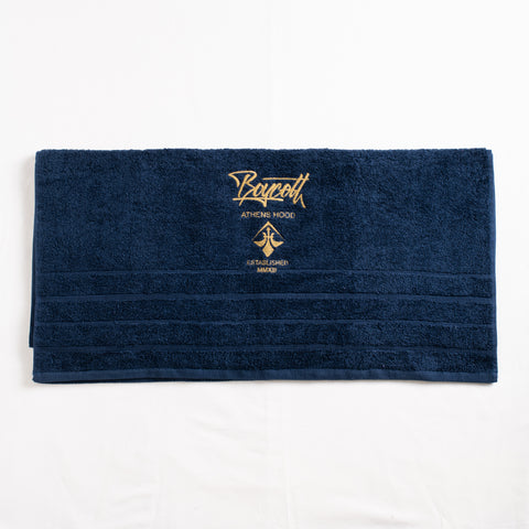 A.H.B. NAVY BLUE EMBROIDERED "BOYCOTT TAG" BEACH TOWEL